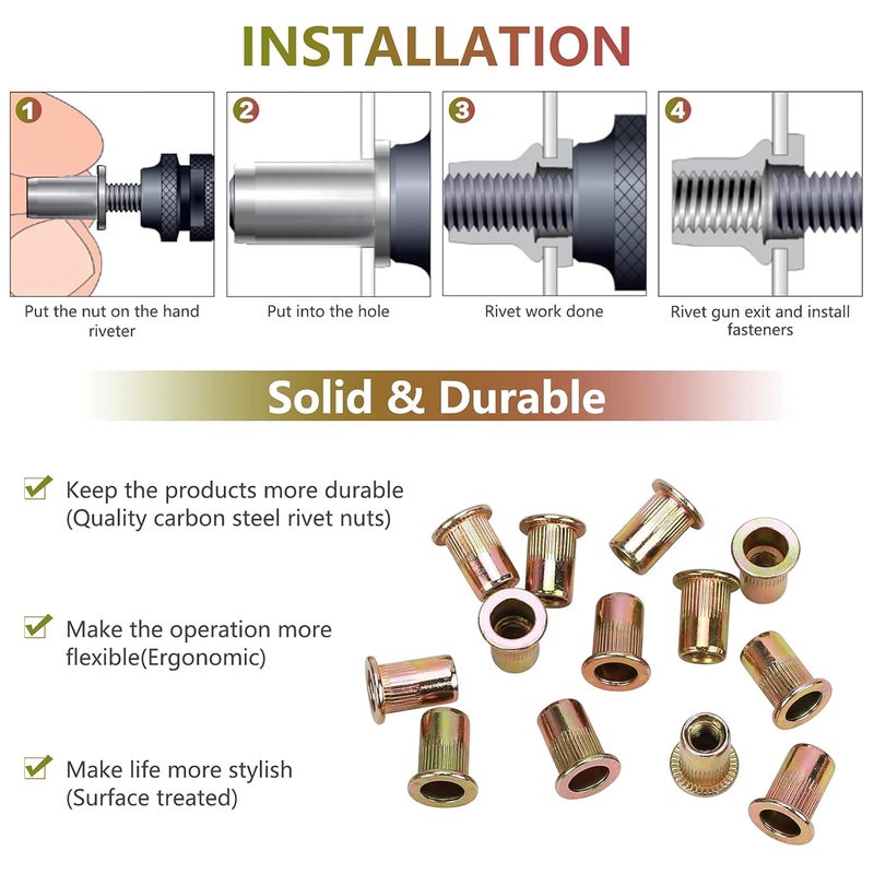 PRECIHW 100pcs M6 Rivet Nuts, M6 Flat Head Rivnut Threaded Insert Nuts with Knurled Body, Metric Zinc Plated Carbon Steel Insert Nutsert for Automotive, Furniture, Decoration Brand: - Image 3